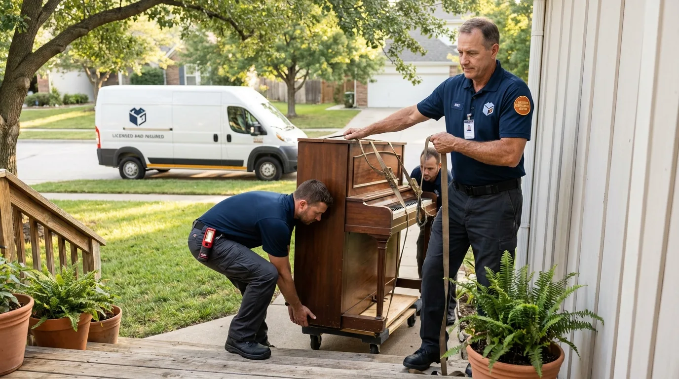 Licensed piano movers securing grand piano in Galesburg, MI