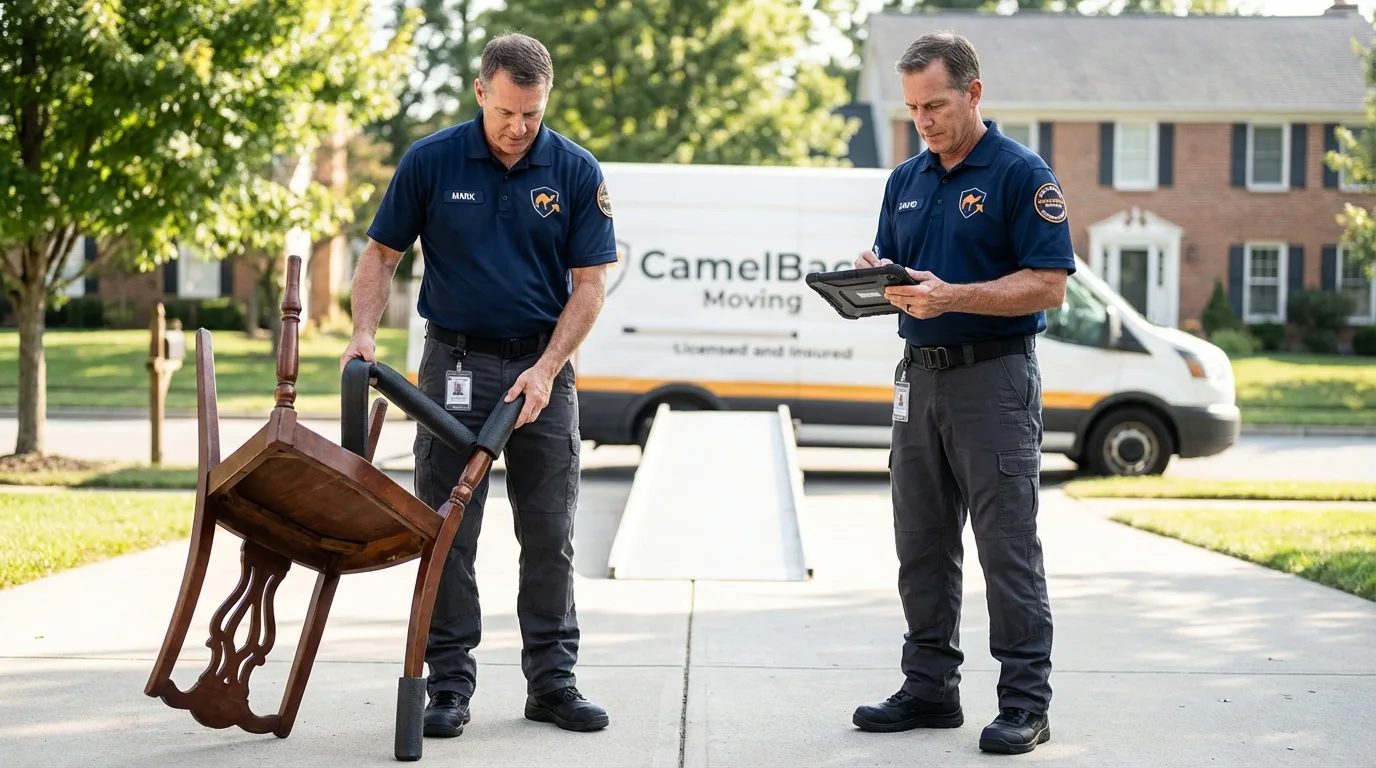 Movers inspecting furniture for damage prevention before loading in Galesburg, MI