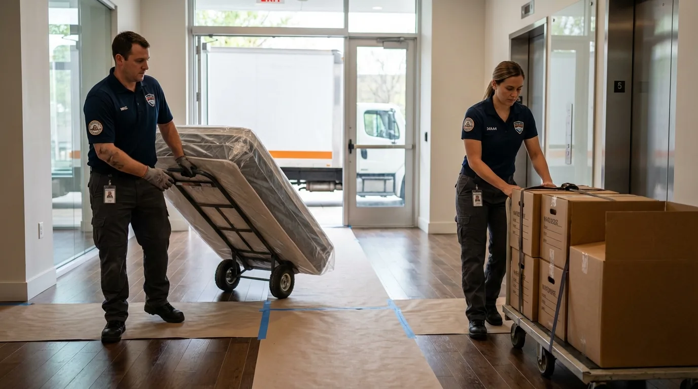 Professional apartment movers loading elevator in Galesburg, MI