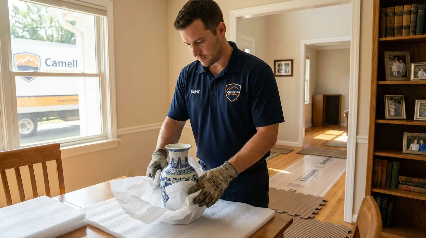 Professional crew carefully wrapping antique vase for senior downsizing move in Galesburg, MI